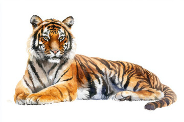 Obraz premium A majestic tiger rests gracefully, showcasing its striking orange and black stripes against pure white background. This watercolor illustration captures beauty and power of this magnificent creature