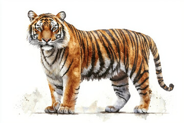 Obraz premium A majestic tiger stands proudly, showcasing its striking orange and black stripes against white background. This watercolor illustration captures essence of this powerful animal beautifully
