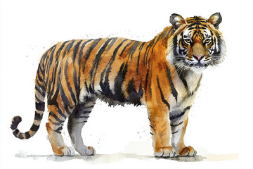 Obraz premium A majestic tiger stands proudly, showcasing its striking orange and black stripes against white background. This watercolor illustration captures essence of this powerful animal beautifully