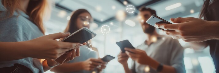 Group of friends using smartphones, engaged in social media in a lively urban setting. Highlights community interaction.