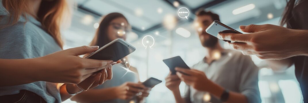 Group of friends using smartphones, engaged in social media in a lively urban setting. Highlights community interaction.