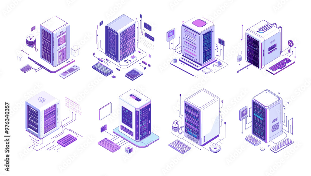 Poster isometric servers. data storage hardware keeping information computer rigs, memory pc database devic