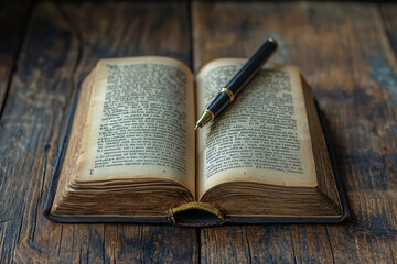 Obraz premium An open book with yellowed pages rests on rustic wooden surface, accompanied by sleek pen, symbolizing knowledge and creativity