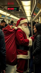 Santa Claus interacts with a commuter in a subway, capturing a whimsical, festive moment in urban life. Perfect for holiday advertising and seasonal campaigns.