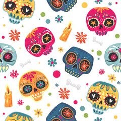 Day of the Dead. Seamless vector pattern with sugar skulls and flowers. Childish background for fabric, wrapping paper, textile, wallpaper and apparel. Vector illustration