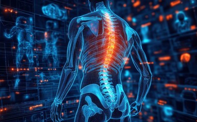 Futuristic human body X-ray showcasing illuminated spine with digital interface highlighting lower back anatomy and skeletal system