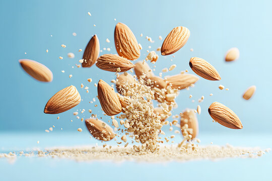 Amandes enti&egrave;res et concass&eacute;es volant en l'air