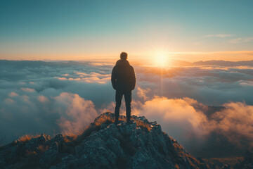 A person standing on mountaintop at dawn, gazing at breathtaking sunrise above clouds, evokes sense of adventure and tranquility