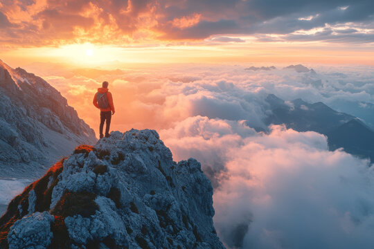 A person standing on mountaintop at dawn, surrounded by clouds and stunning sunrise, evokes sense of adventure and tranquility. breathtaking view captures beauty of nature