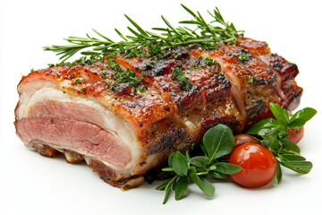 Succulent pork roast garnished with fresh herbs and cherry tomatoes, showcasing deliciously crispy exterior and tender meat. Perfect for festive occasions or family gatherings