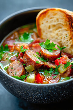 a modern take on Dublin Coddle, featuring slow-cooked sausages, bacon, and vegetables in a clear, flavorful broth