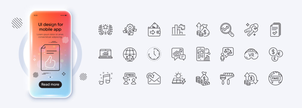 Lawyer, Time and Keys line icons for web app. Phone mockup gradient screen. Pack of Magistrates court, Online statistics, Teamwork pictogram icons. Fake news, Paint roller, Musical note signs. Vector