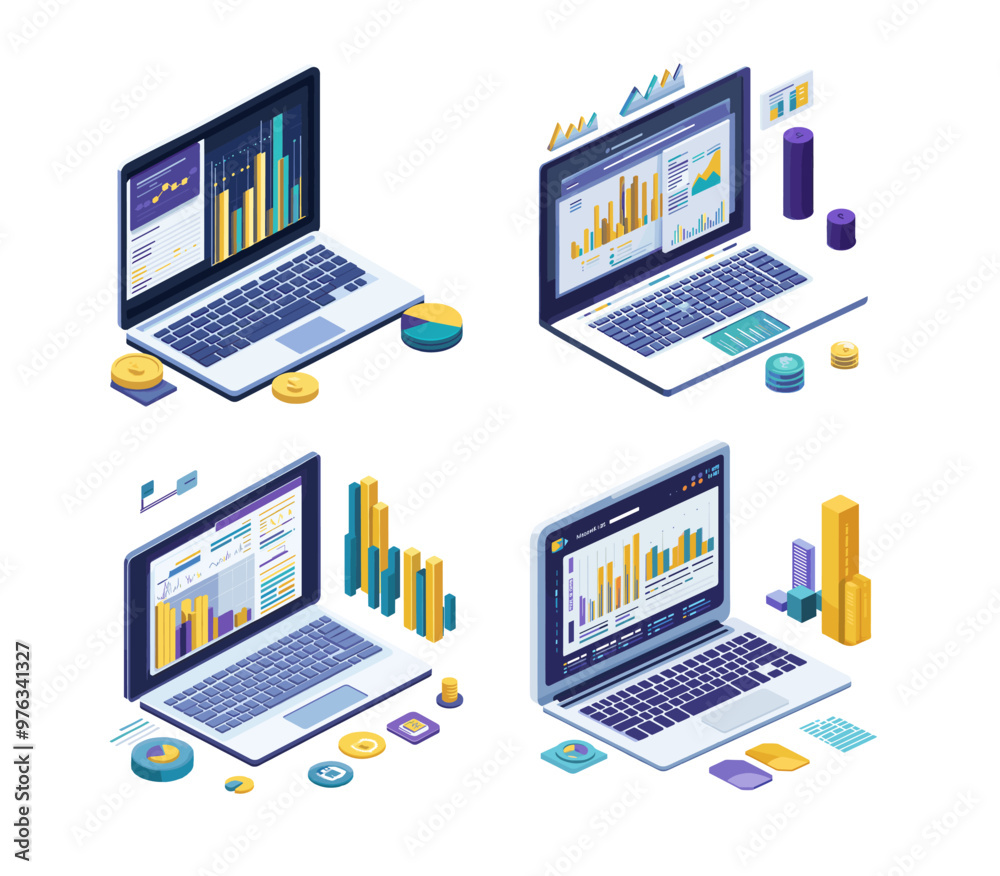 Poster isometry notebook business analytics concepts. laptop chart bars diagrams graphs pointers screens, m