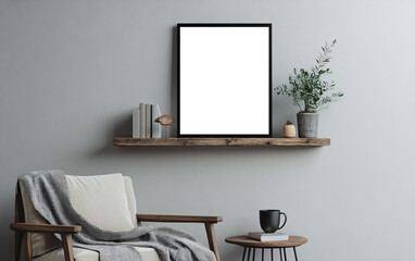 Minimalist, cozy living room corner with modern wooden furniture, armchair, potted plant and decorative empty transparent frame highlighting a calm and neutral-toned interior for comfort and relaxatio