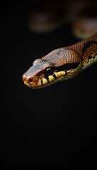 Obraz premium Close-up of a vibrant snake's head against a dark background, showcasing intricate scales and striking features, perfect for wildlife, education, or nature-themed projects.