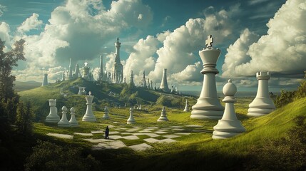 A surreal landscape with giant chess pieces and a city in the distance.