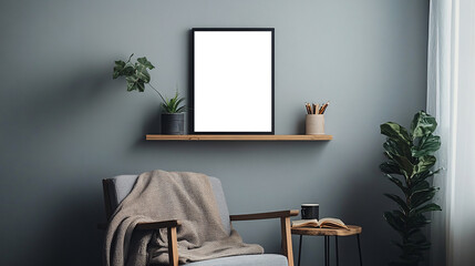 Minimalist, cozy living room corner with modern wooden furniture, armchair, potted plant and decorative empty transparent frame highlighting a calm and neutral-toned interior for comfort and relaxatio