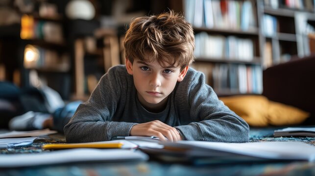  Young Boy Studying at Home: Focused Child Lying on Floor Surrounded by Textbooks and Papers