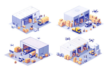 Isometry warehouse. Distribution cars trucks forklifts drones staff personnel workers, logistic boxes containers cargo packaging storage delivery area facility, isolated vector set