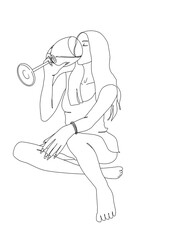 Female drinking from a big wine glass simple continuous line illustration. Hand drawn doodle outline young woman sitting and drinking from glass.Isolated on transparent background