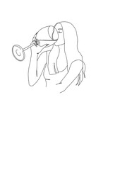 Half body Female drinking from a big wine glass simple continuous line illustration. Hand drawn doodle outline young woman drinking from glass.Isolated on transparent background