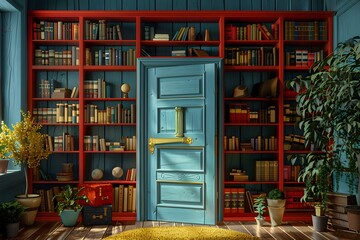 Cozy Reading Nook with Colorful Bookshelves and a Charming Door