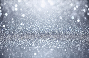Fototapeta premium Winter snowy silver holiday background. Sparkling snow sparkles and bokeh, copy space. New Year template
