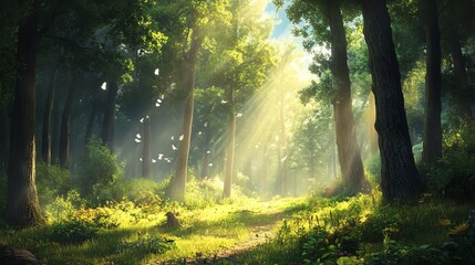 Obraz premium A beautiful, sun-dappled forest path.