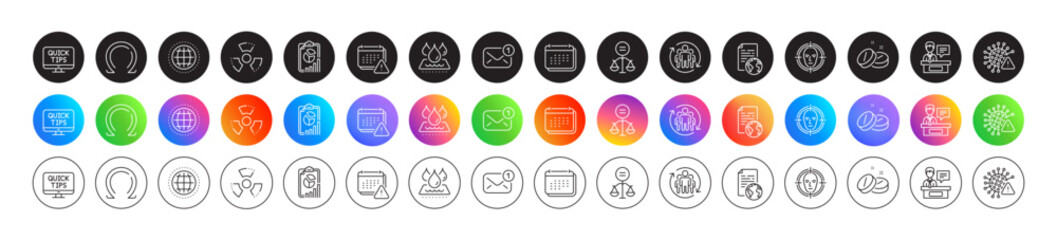 Fototapeta premium Chemical hazard, Ethics and Calendar line icons. Round icon gradient buttons. Pack of Exhibitors, Report, Medical tablet icon. Omega, Globe, Waterproof pictogram. Vector