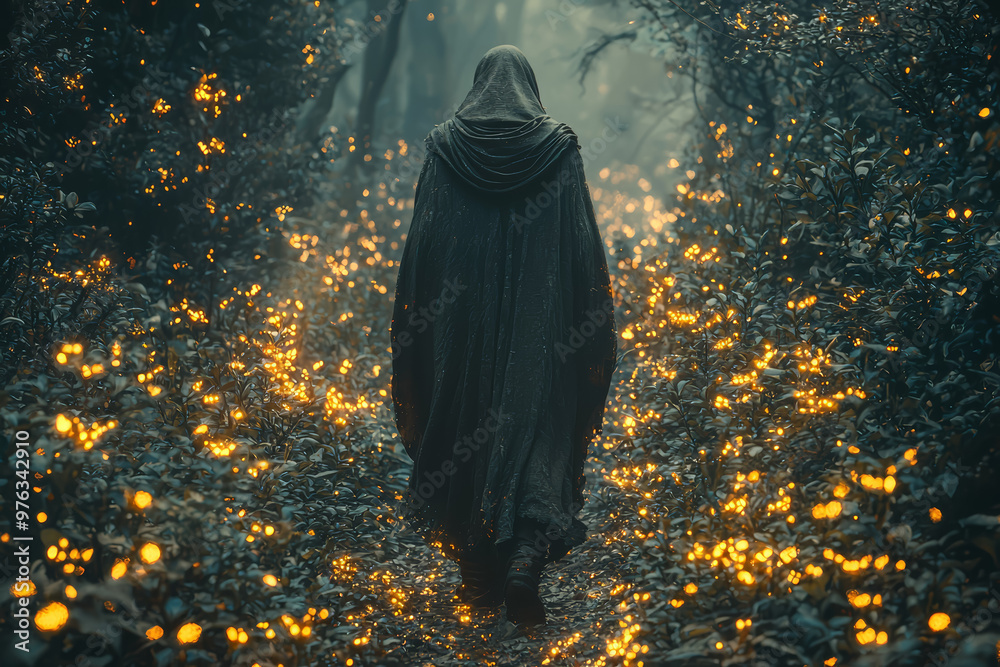 Canvas Prints a mysterious cloaked figure walking through an ancient, enchanted forest, the path illuminated by gl