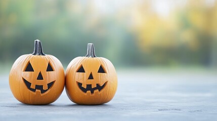 Charming Scene of Two Whimsically Carved Pumpkins Displaying Intricate Designs Amidst a Cozy Autumn Setting, Capturing the Spirit of Halloween Festivities