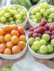 Close-up of a Hand Holding a Colorful Bowl of Fresh Fruit Including Apples, Bananas, and Grapes Against a Soft Neutral Background