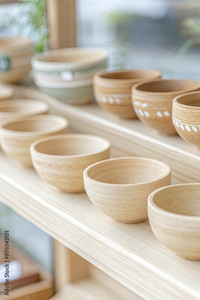 Canvas Prints Elegant Shelf Display Featuring a Variety of Colorful Bowls in a Bright, Minimalist Setting, Showcasing Modern Home Decor and Organization Ideas