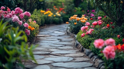 A stone path winds through a colorful rose garden, with vibrant pink, orange, and yellow blooms lining the way.