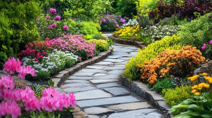 Obraz premium A stone path winds through a lush garden with vibrant flowers in bloom.