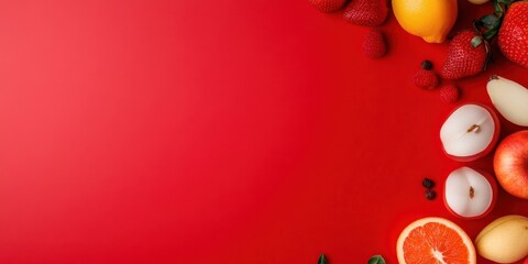 An array of colorful fruits including strawberries, raspberries, oranges, apples, and lemons arranged artistically around a vibrant red background, highlighting freshness and nutrition.