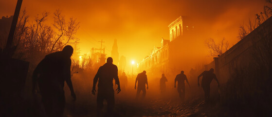 Silhouettes of Zombies Walking Through Fog in Apocalyptic City at Sunset