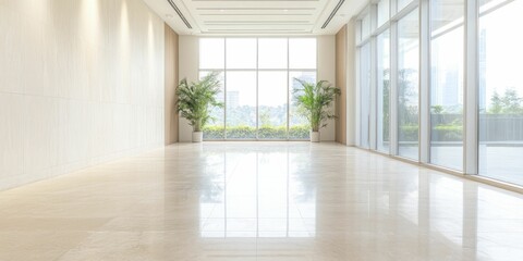 Fototapeta premium Spacious Room Bathed in Natural Light from a Large Window, Showcasing Expansive Interior Design and an Inviting Atmosphere for Relaxation and Creativity
