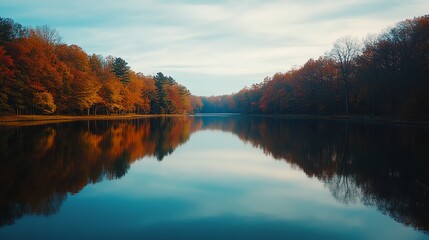 Obraz premium A tranquil lake with fall foliage reflected in the water.