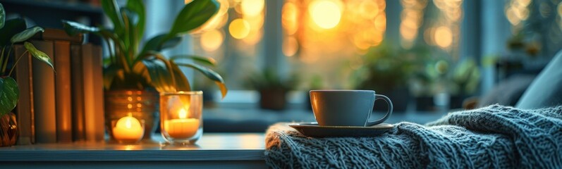 Cup of coffee on a table next to a candle, drink background, banner, copy space