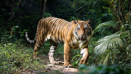 Bengal tiger walking through dense tropical jungle