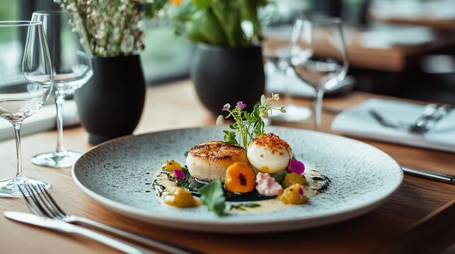 A plated gourmet meal with a focus on balance and aesthetics, served in a luxurious setting