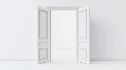 3D illustration of open white double doors isolated on a blue background