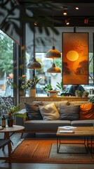 Couch and a table in a room with a painting