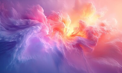 A vibrant, abstract depiction of swirling clouds in pastel colors.