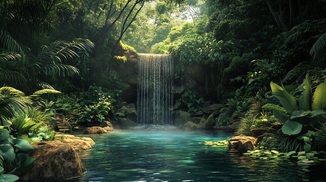 Tranquil waterfall cascading into a lush green jungle pool.