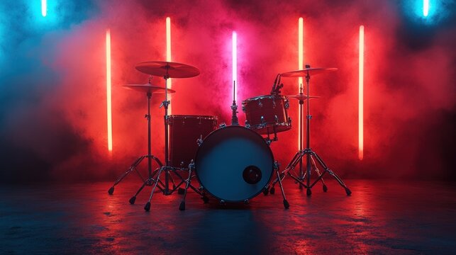 Drum Set Under Neon Lights