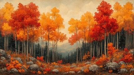 Vibrant autumn landscape with colorful trees and rocky foreground.