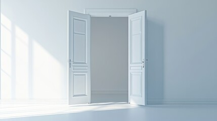 3D illustration of open white double doors isolated on a blue background