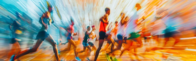 The photograph captures marathon runners in a dynamic blur, exuding energy and movement in a vibrant race scene